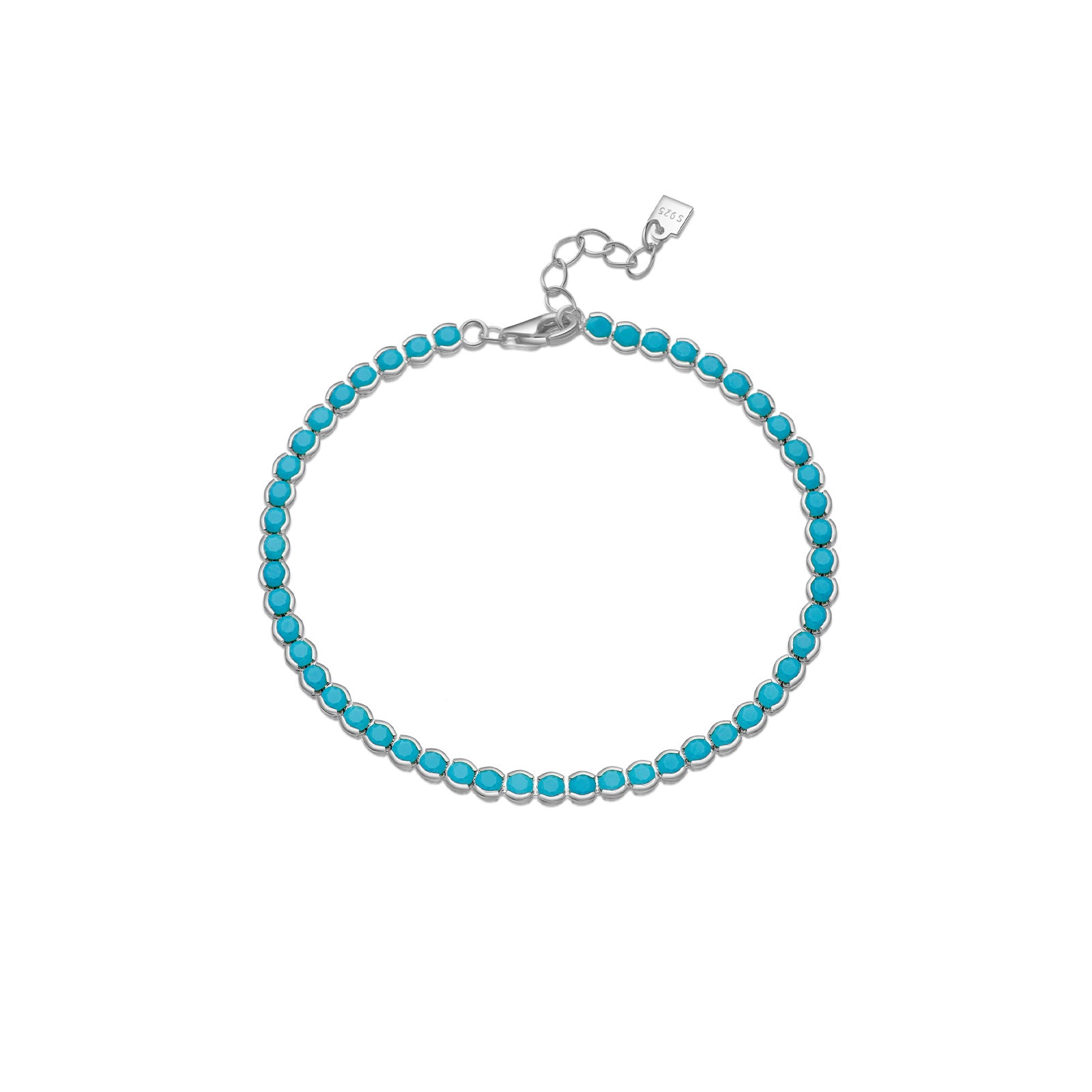 Blue Turquoise Bezel Set Natural Stone 925 Sterling Silver Tennis Chain Bracelet