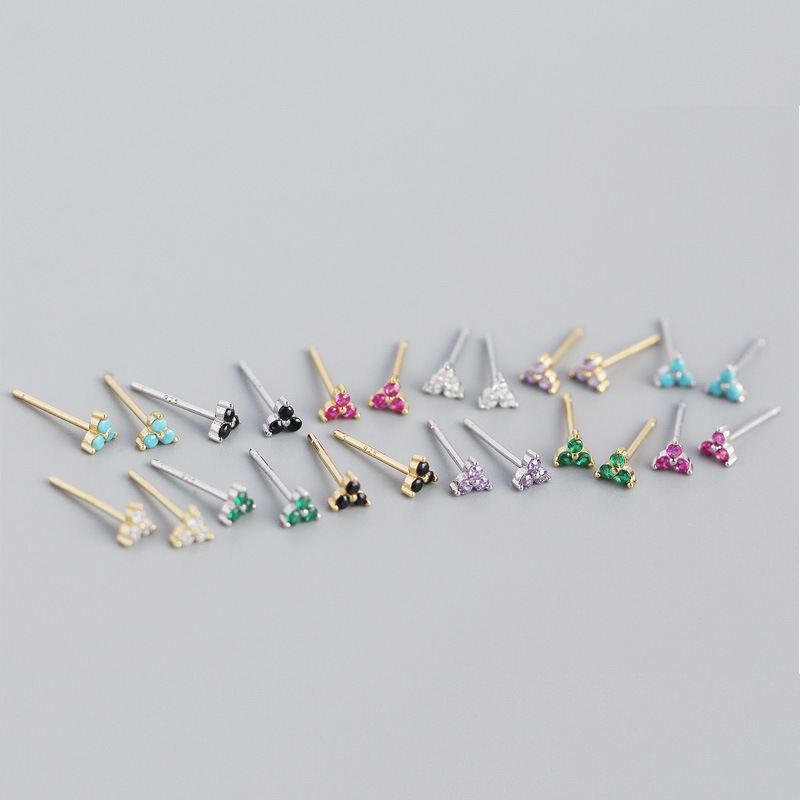 Cute Mini CZ Lucky Three Leaf Clover 925 Sterling Silver Stud Earrings