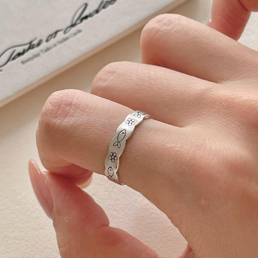 Vintage Wave Border Fish Flower 925 Sterling Silver Adjustable Ring