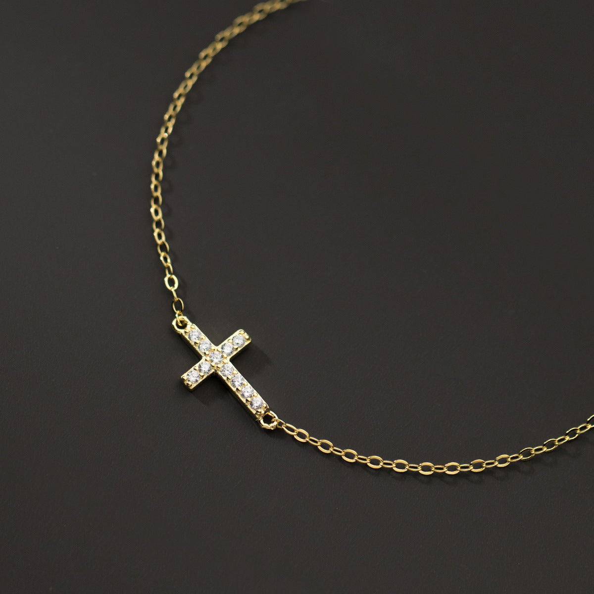 Gold Tone Cross Cubic Zirconia 925 Sterling Silver Religious Chain Bracelet