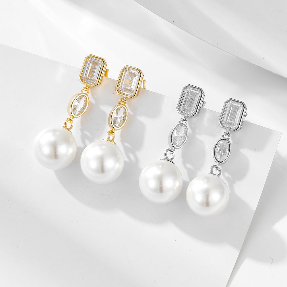 Fashion Jewelry Elegant Geometric Design Pearl   925 Sterling Silver Cubic Zirconia Drop Earrings