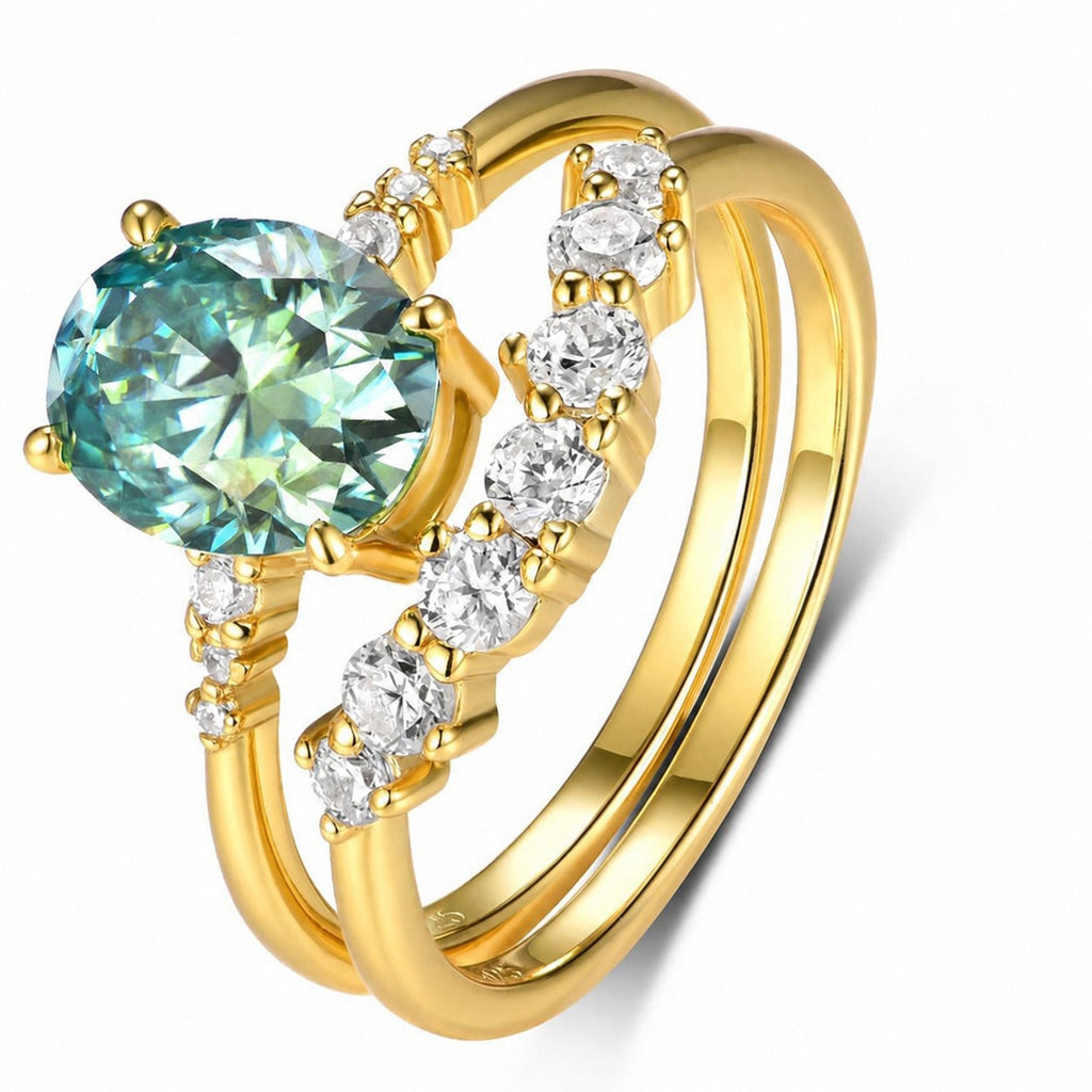 Green Moissanite Centre Stone Stacked Design 925 Sterling Silver Ring