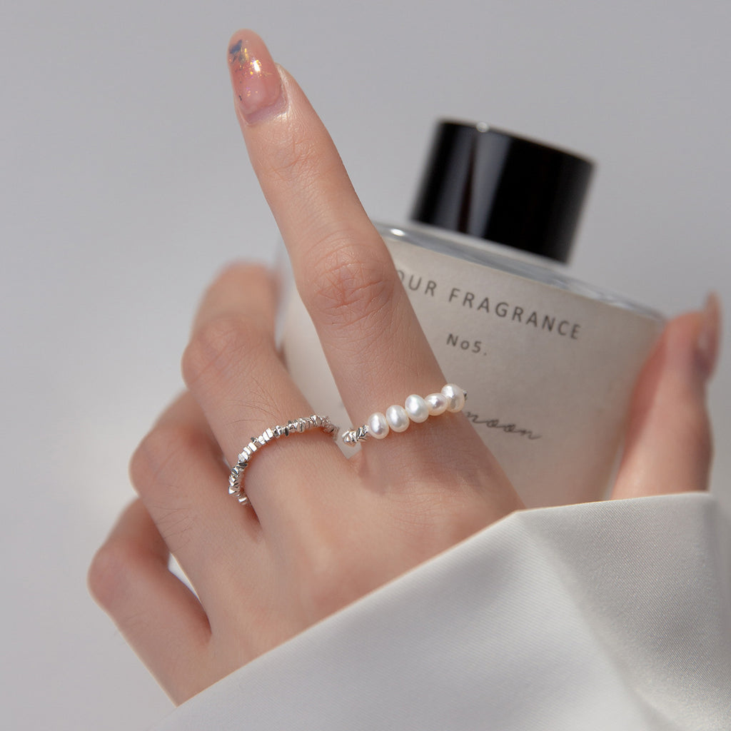 Minimalist S925 Silver Polished Irregular Chip Texture Stacking Fashion Beaded Ring