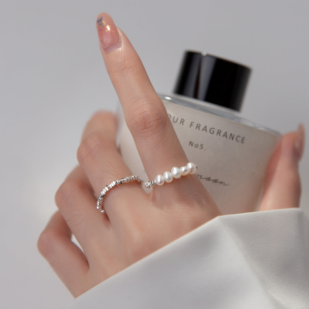 Minimalist S925 Silver Polished Irregular Chip Texture Stacking Fashion Beaded Ring