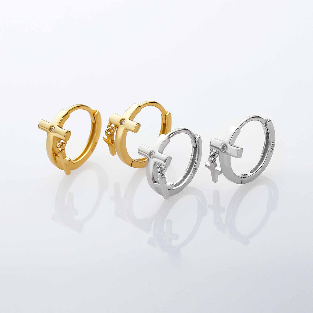 Holiday Mini CZ Large Small Cross 925 Sterling Silver Hoop Earrings
