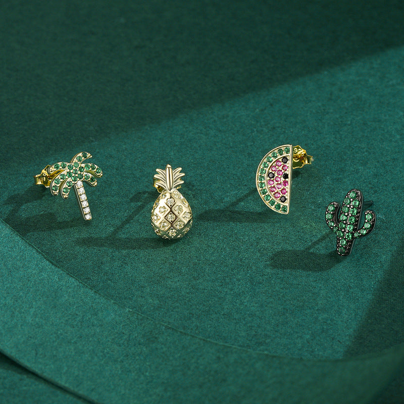 Cubic Zirconia Tropical Pattern 925 Sterling Silver Style Pomegranate-Shaped Palm Tree Pineapple Leaf Pattern Earring ( Single )