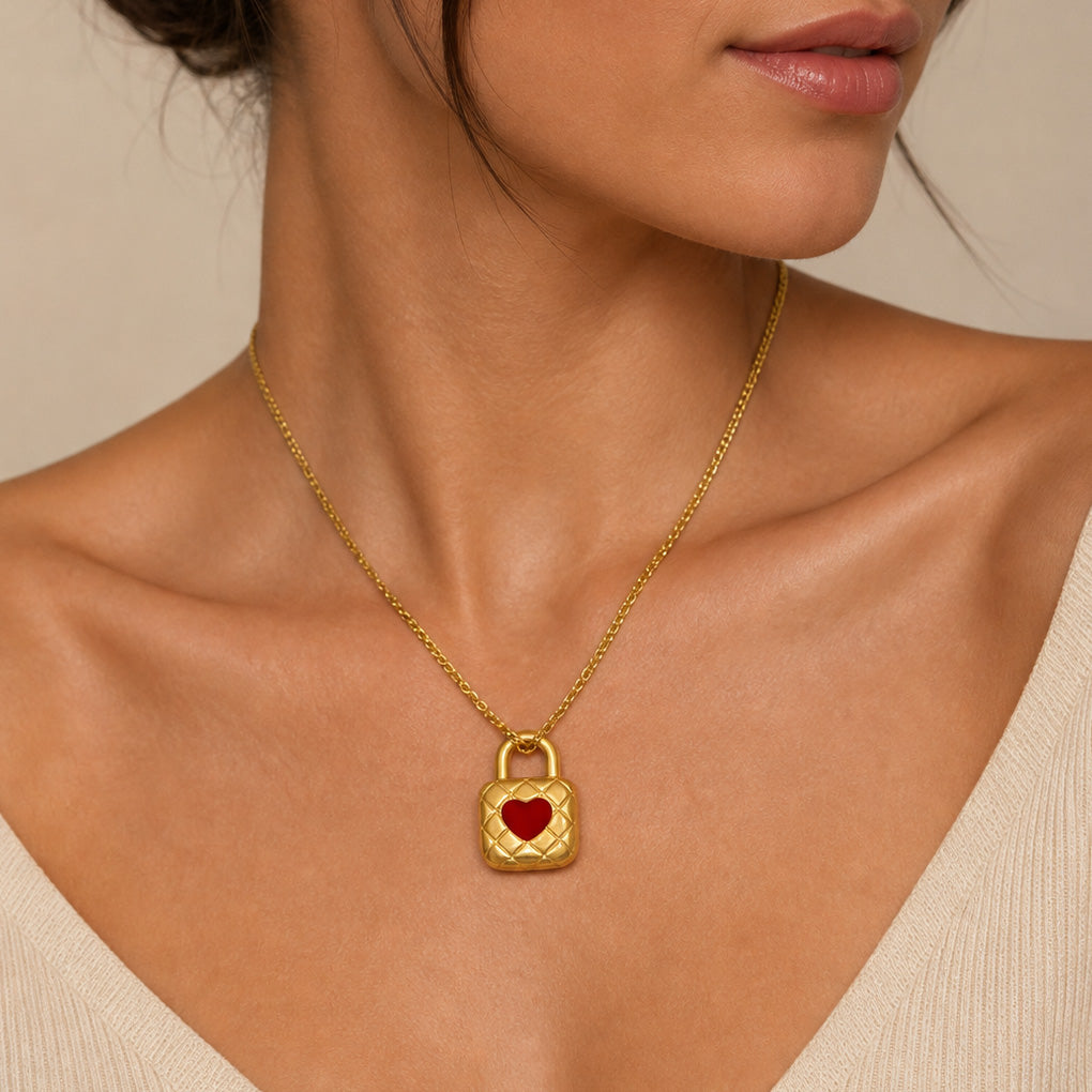 Romantic Enamel 925 Sterling Silver Red Enamel Heart Lock Pendant Gold Plated Necklace