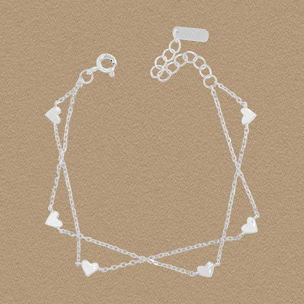 Girl Double Layers Curb Chain Hearts 925 Sterling Silver Bracelet
