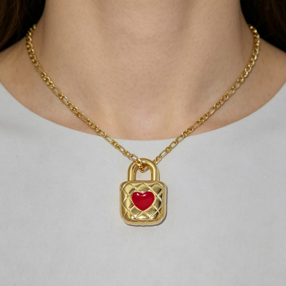 Romantic Enamel 925 Sterling Silver Red Enamel Heart Lock Pendant Gold Plated Necklace