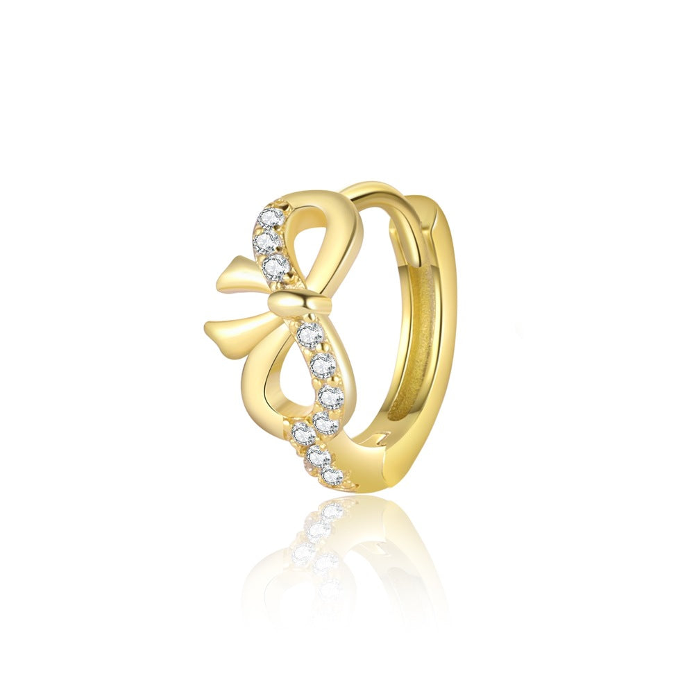 Honey Moon Golden CZ Bow-Knot 925 Sterling Silver Earring Adjustable Ring