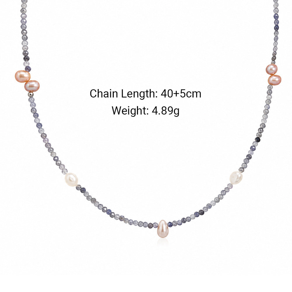 Soft Pastel Pink White Irregular Baroque Pearl Natural Grey Gemstone Beaded Strand 925 Sterling Silver Necklace
