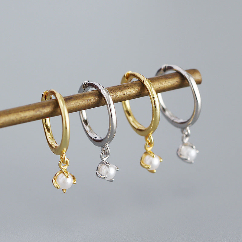 Minimalist Round Shell Pearl 925 Sterling Silver Hoop Earrings