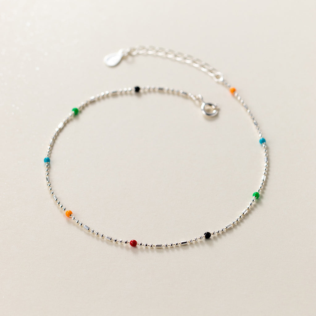 Mini Delicate Multicolor Round Bead Geometric Silver Anklet Pure Metal S925 Sterling Silver Adjustable Chain Anklet