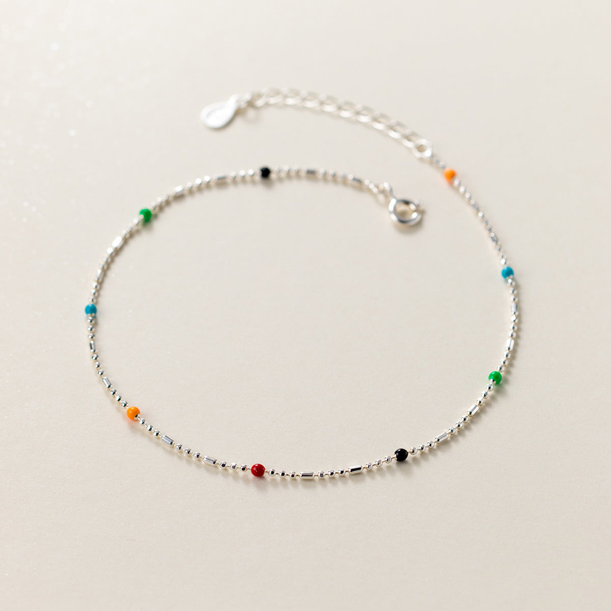 Mini Delicate Multicolor Round Bead Geometric Silver Anklet Pure Metal S925 Sterling Silver Adjustable Chain Anklet