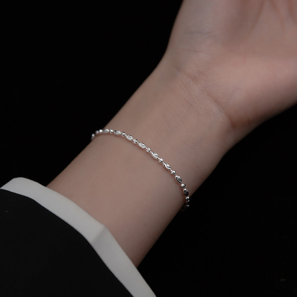 Minimalist Geometric Delicate Adjustable Extension Pure Metal Silver S925 Sterling Silver Oval Bead Chain Bracelet