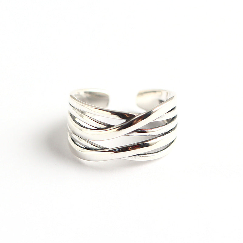 Women Modern Minimalist Fashion Jewelry Multi Layer Crisscross Wrapped LineSolid 925 Sterling Silver Adjustable Open Band Ring