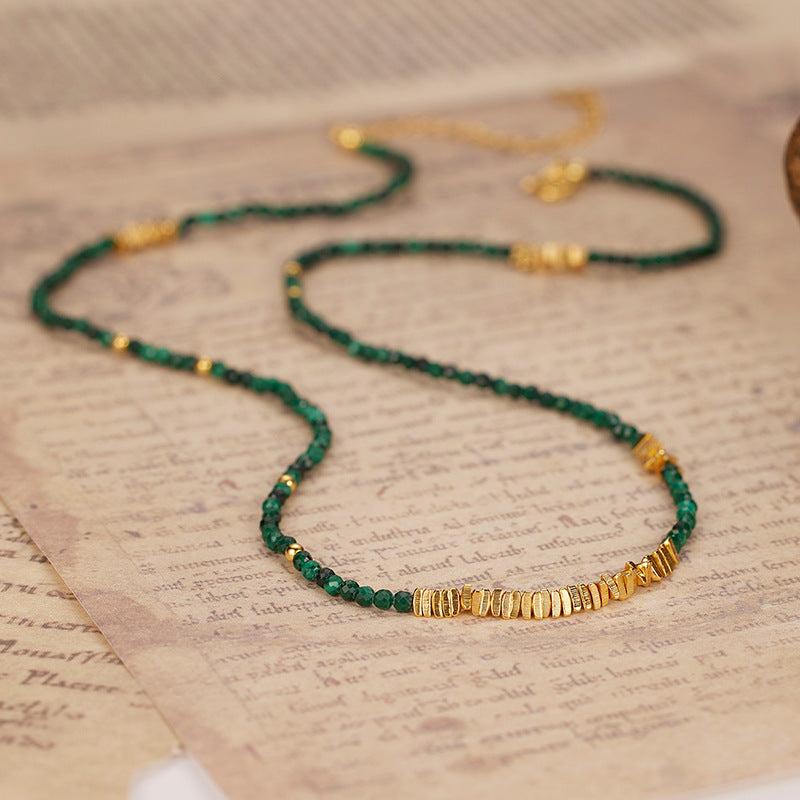 Green Malachite Beaded Geometric Design 18K Gold Plated 925 Sterling Silver Necklace