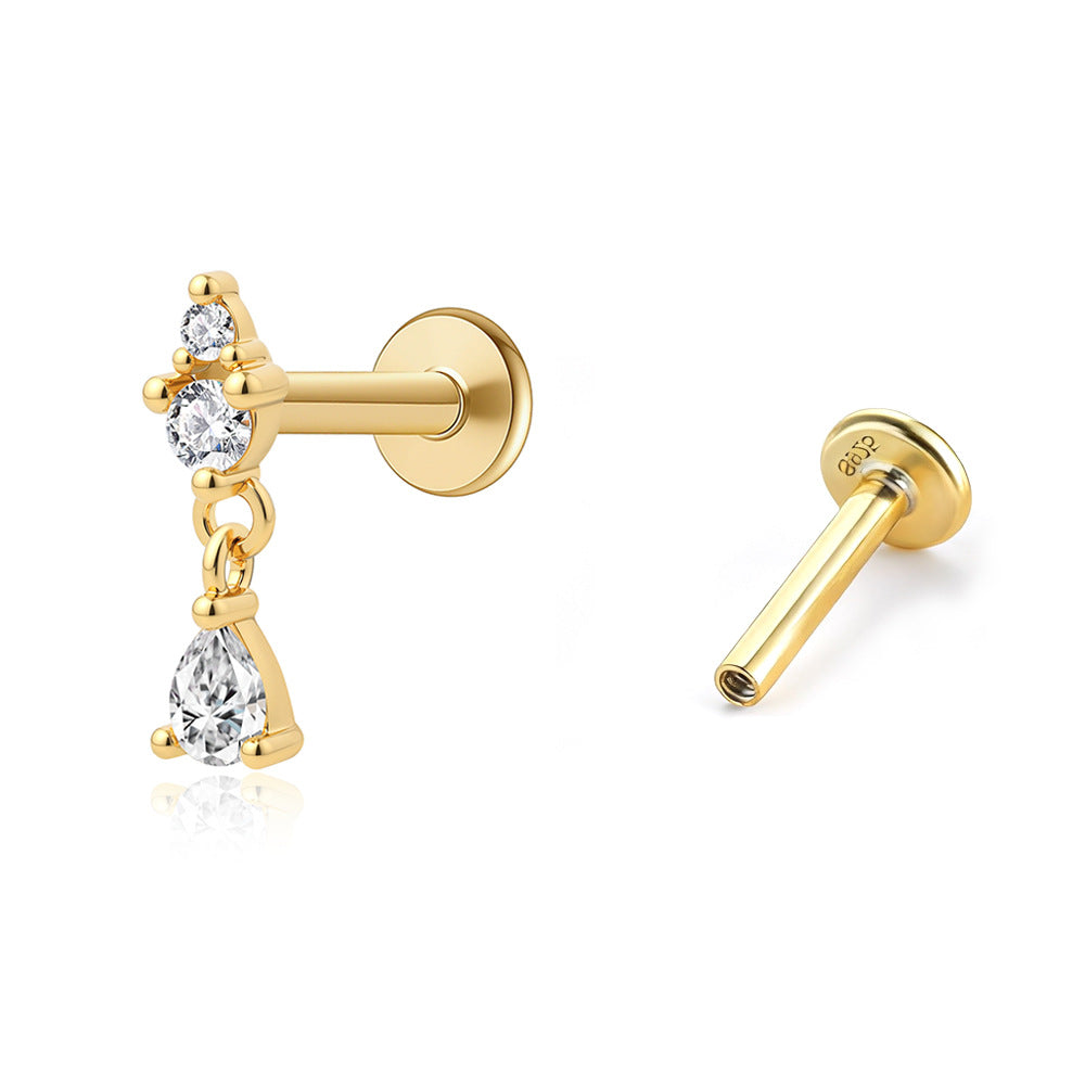 Women Modern Holiday Fashion Jewelry Cubic Zirconia Teardrop Tassel Flat Back Ear Stud 925 Sterling Silver Internally Threaded Cartilage Piercing Earring (Single)