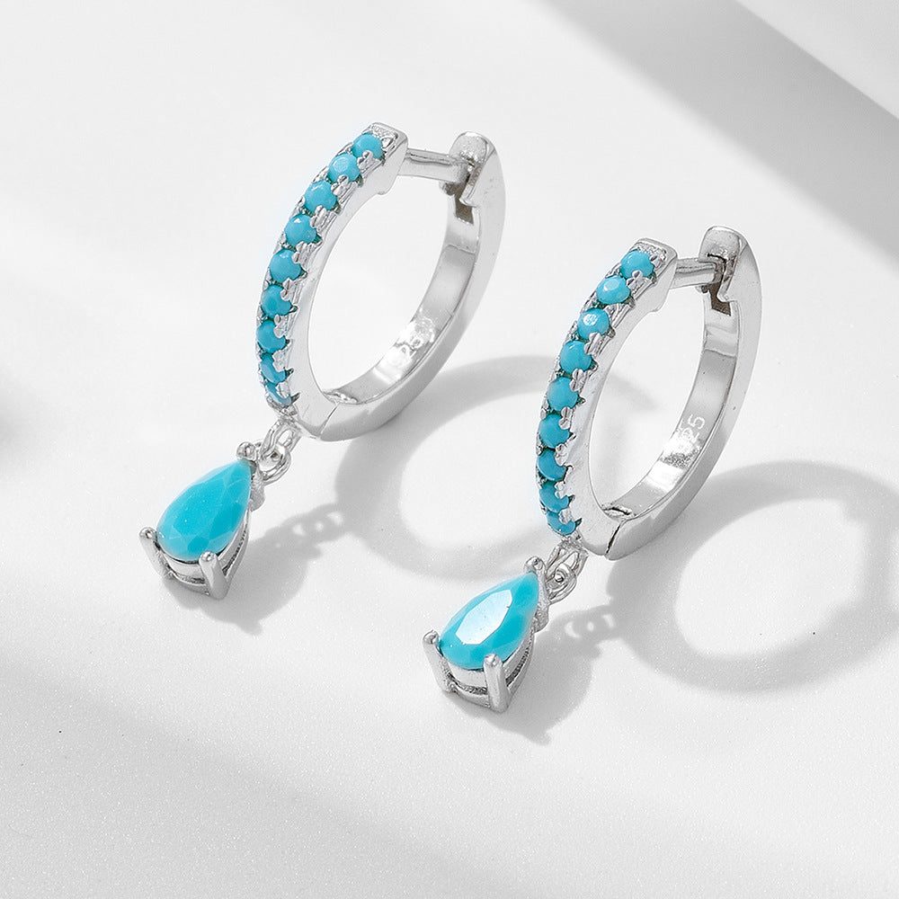 Women Fashion Style Party Anniversary Gift Elegant Turquoise Water Drop 925 Sterling Silver Hoop Earrings