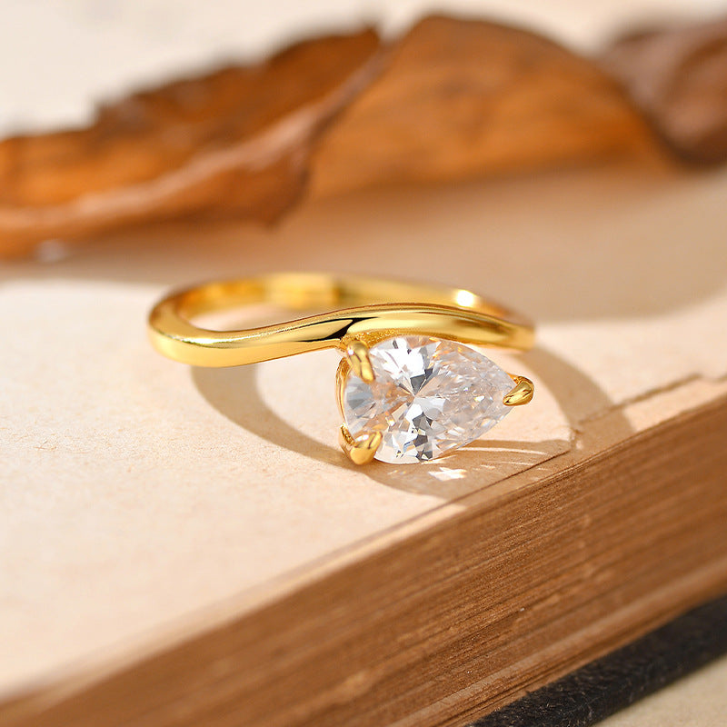 Minimalist Geometric Ring Cubic Zirconia And Pure Metal 925 Sterling Silver 18K Gold Tone White Gold Tone Wave Leaf Clover Pear Cut Open Band Fashion Ring For Women Men