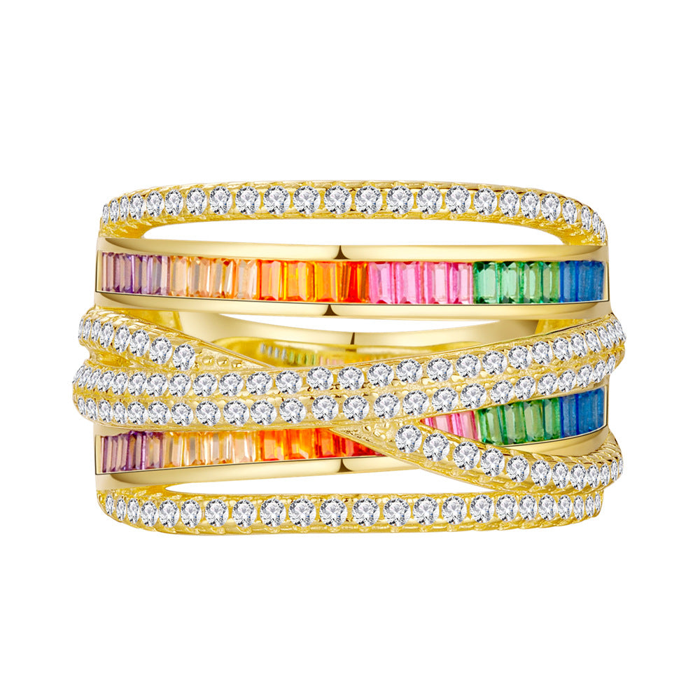 Colorful Rainbow Multi Layers CZ Cross 925 Sterling Silver Adjustable Ring