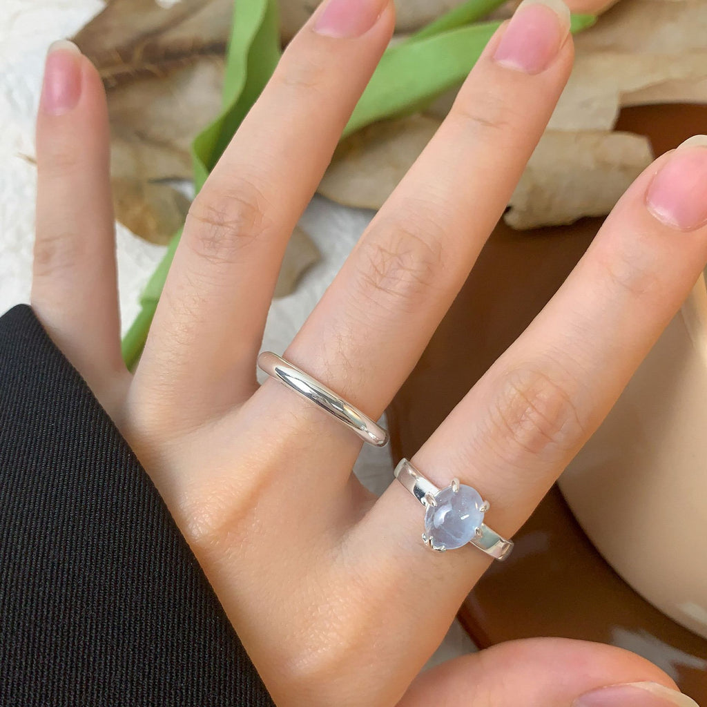 Women Simple Oval Natural Aquamarine 925 Sterling Silver Adjustable Ring