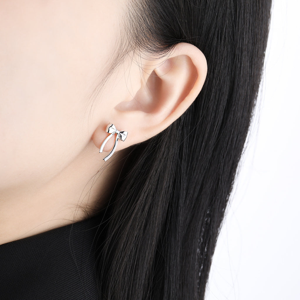 Women Minimalist French Style Elegant Bowknot Tassel Design S925 Sterling Silver Drop Earrings