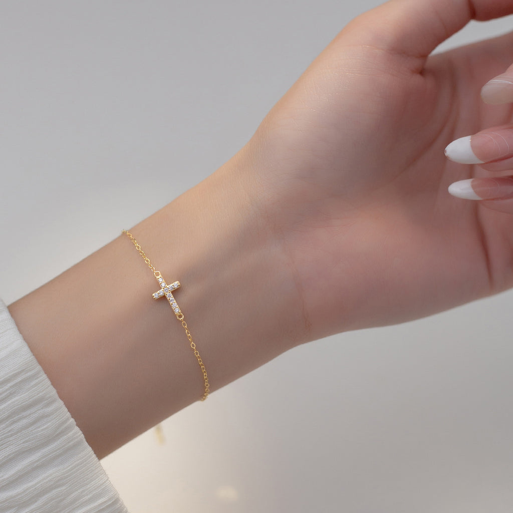 Gold Tone Cross Cubic Zirconia 925 Sterling Silver Religious Chain Bracelet
