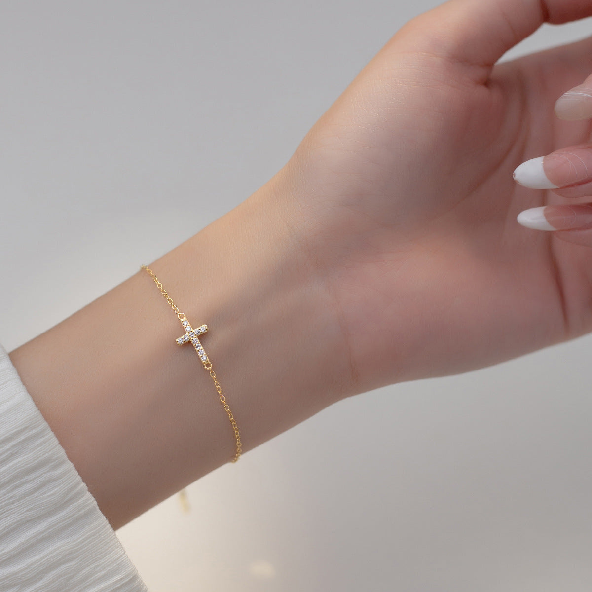 Gold Tone Cross Cubic Zirconia 925 Sterling Silver Religious Chain Bracelet