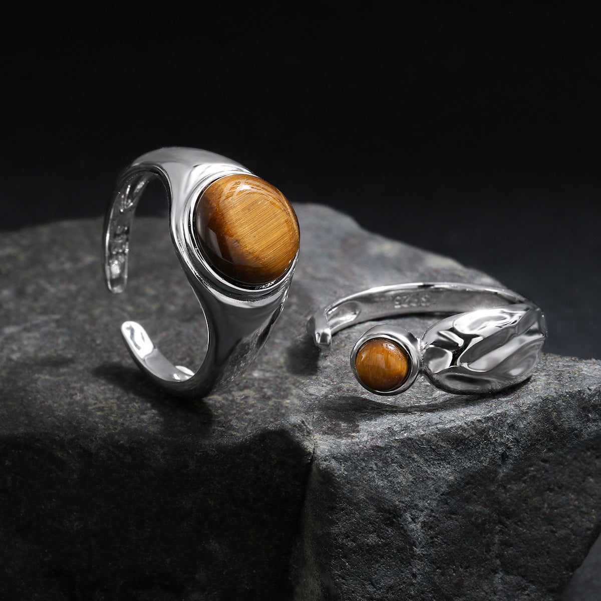 Natural Tiger's Eye 925 Sterling Silver Natural Stone Adjustable Open Band Wide Rimmed Leaf-Shaped Twisted Ring