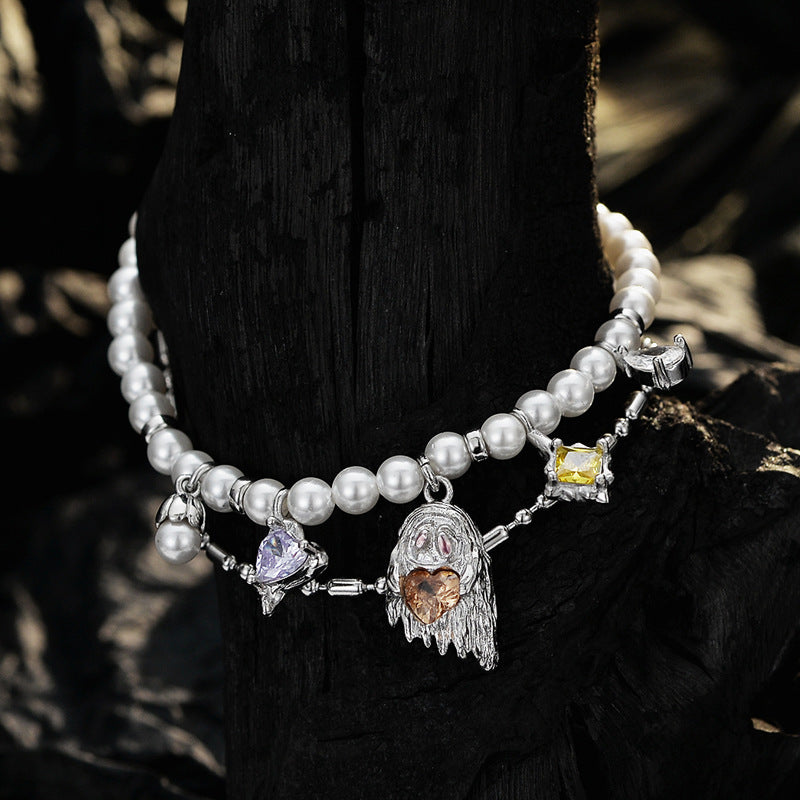 Halloween Colorful CZ Ghost Shell Pearls 925 Sterling Silver Double Layers Bracelet