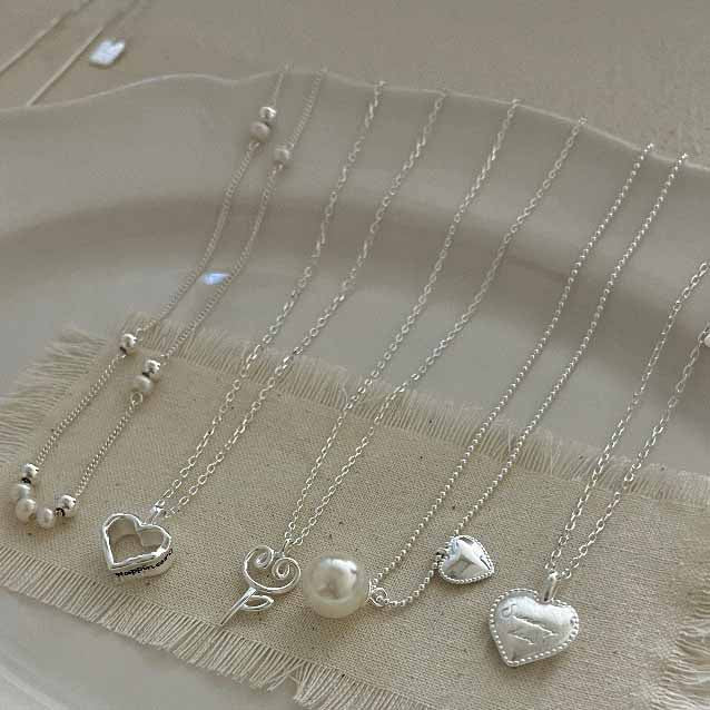 Girl Simple Bow-knot Heart Key Shell Pearls 925 Sterling Silver Necklace