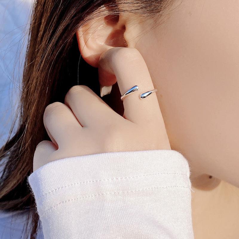 Elegant Water Drop Design Adjustable Women Minimalist Modern  925 Sterling Silver Open Ring