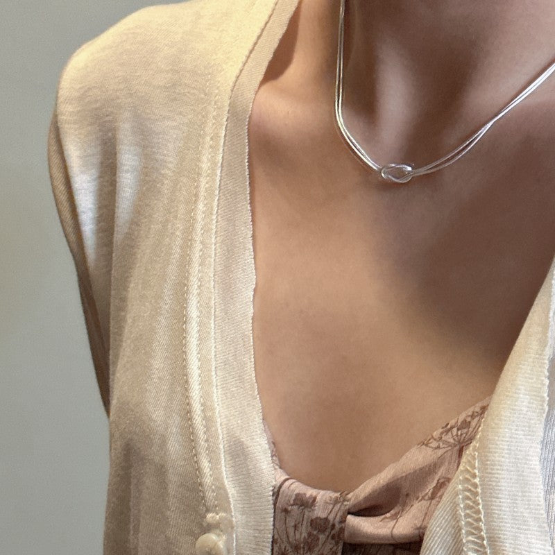 Women Minimalism Double Layers Knot 925 Sterling Silver Snake Chain Necklace