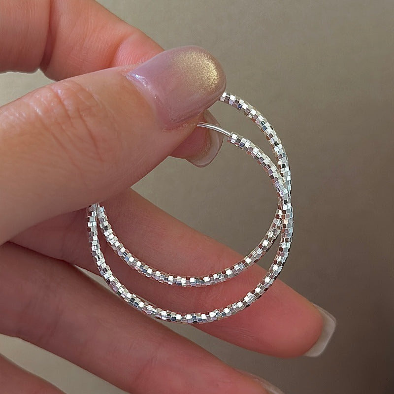 Geometric Textured  Sparkling Diamond Cut Circle Design  925 Sterling Silver  Hoop Earrings