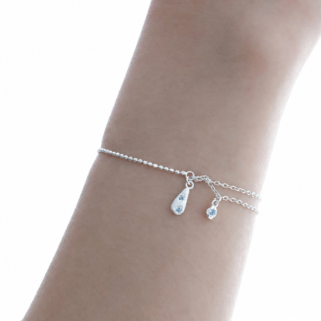 Cubic Zirconia Teardrop Pendant: 925 Sterling Silver Minimalist Layered Teardrop Pendant with Double Chain Bracelet