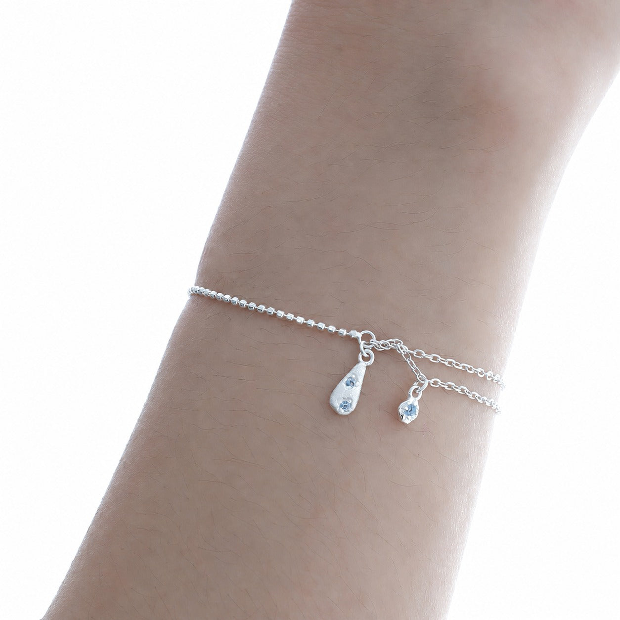 Cubic Zirconia Teardrop Pendant: 925 Sterling Silver Minimalist Layered Teardrop Pendant with Double Chain Bracelet