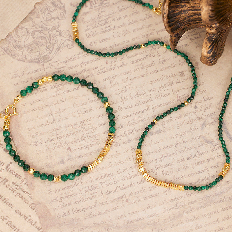 Green Malachite Beaded Geometric Design 18K Gold Plated 925 Sterling Silver Necklace