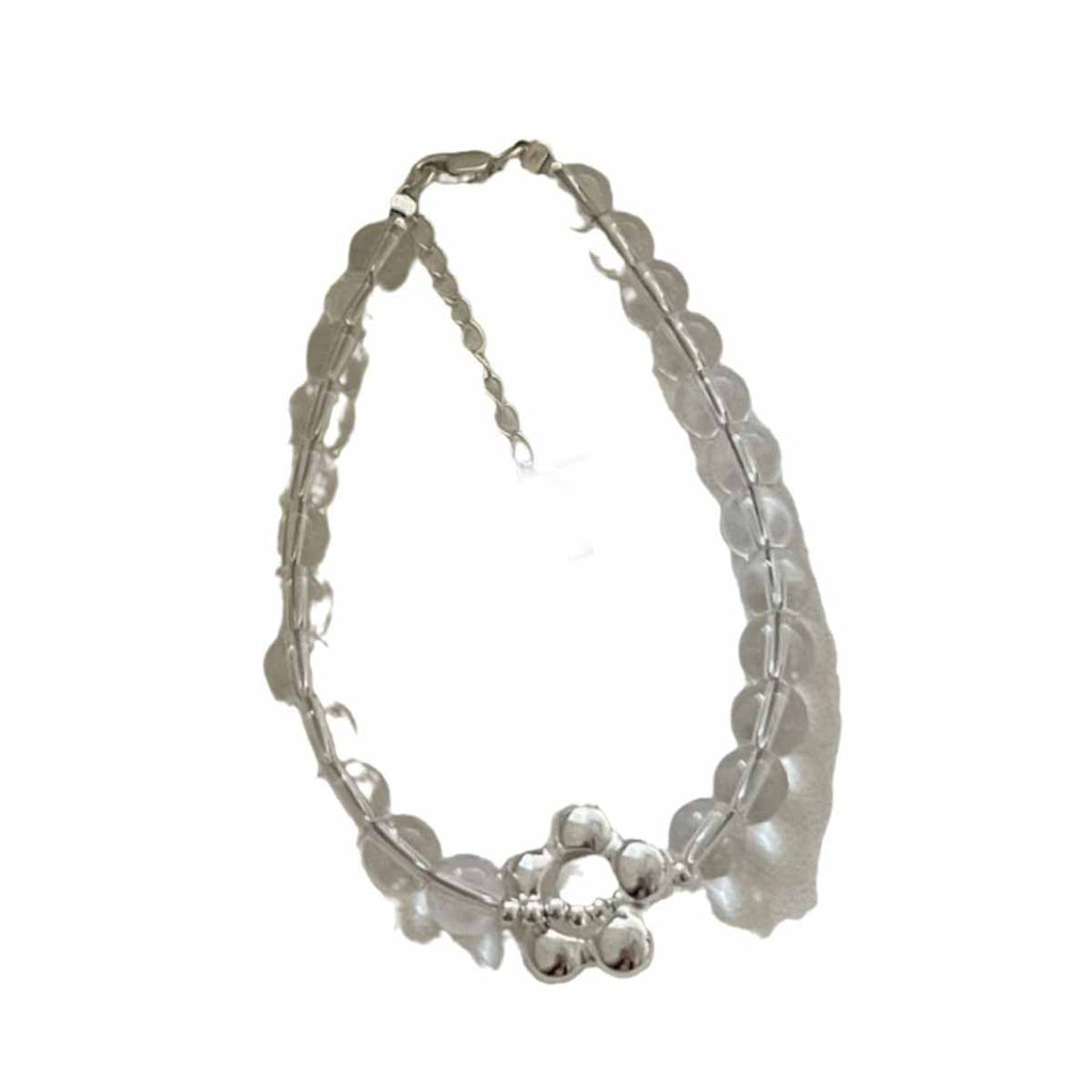 Elegant Natural Transparent White Crystal Flower 925 Sterling Silver Bracelet