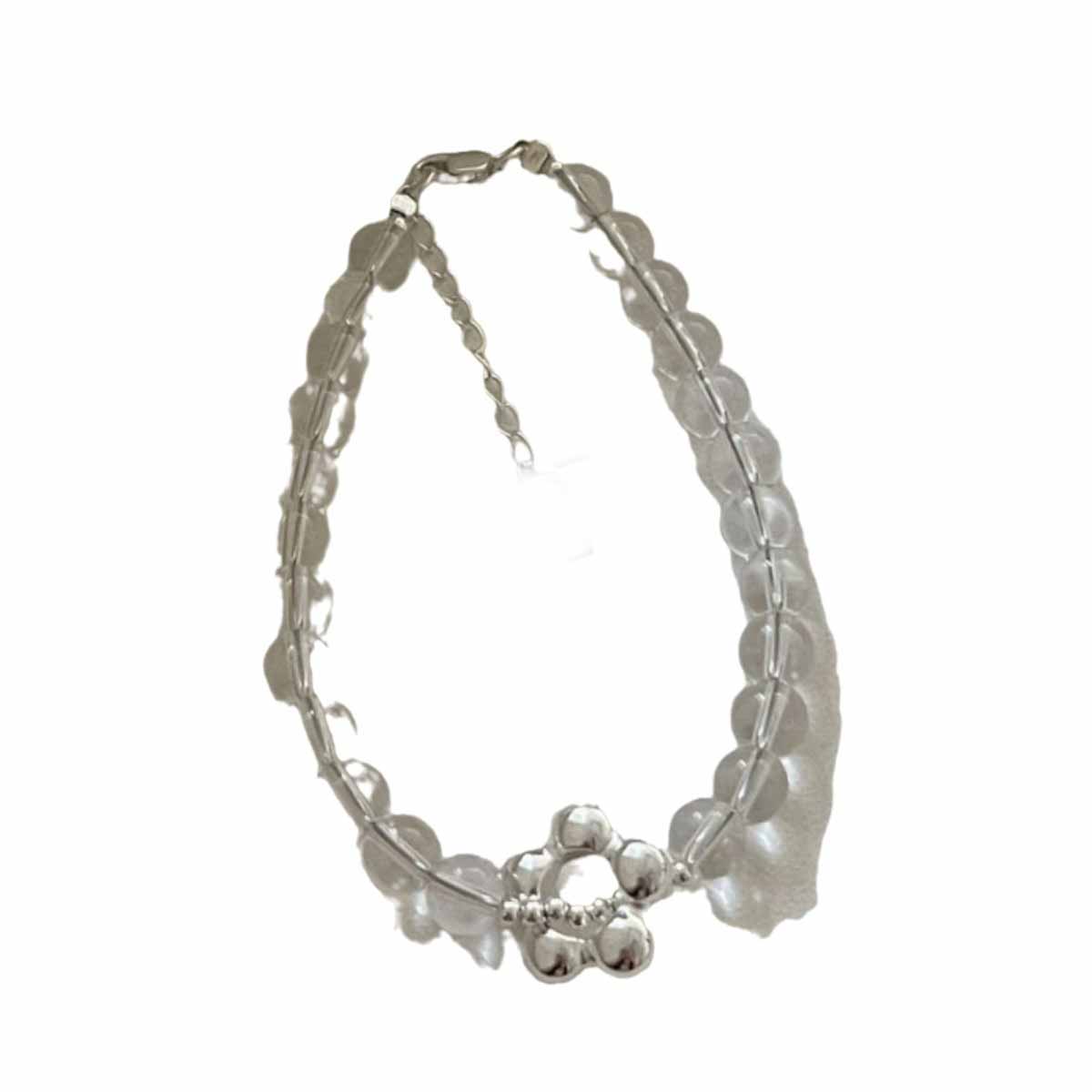 Elegant Natural Transparent White Crystal Flower 925 Sterling Silver Bracelet