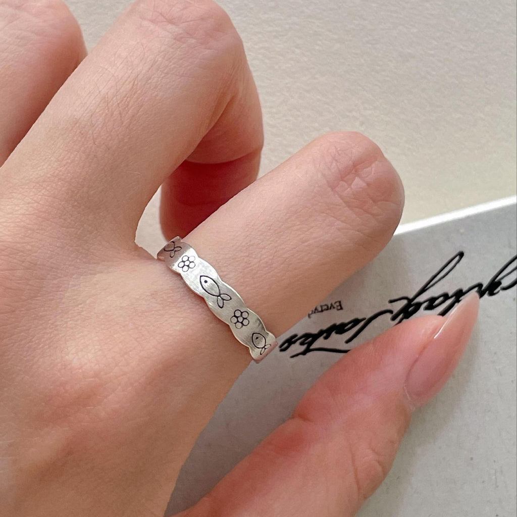 Vintage Wave Border Fish Flower 925 Sterling Silver Adjustable Ring
