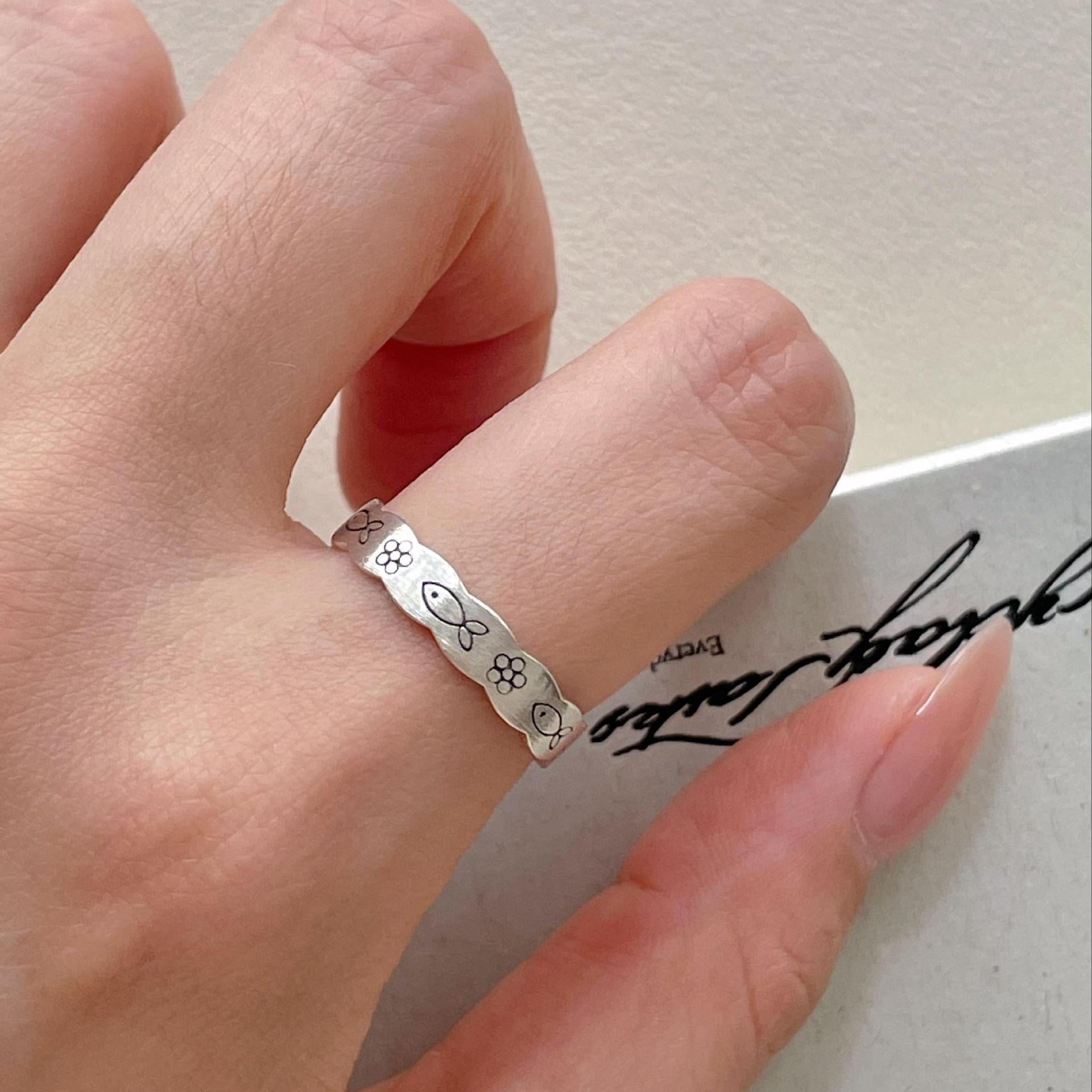 Vintage Wave Border Fish Flower 925 Sterling Silver Adjustable Ring