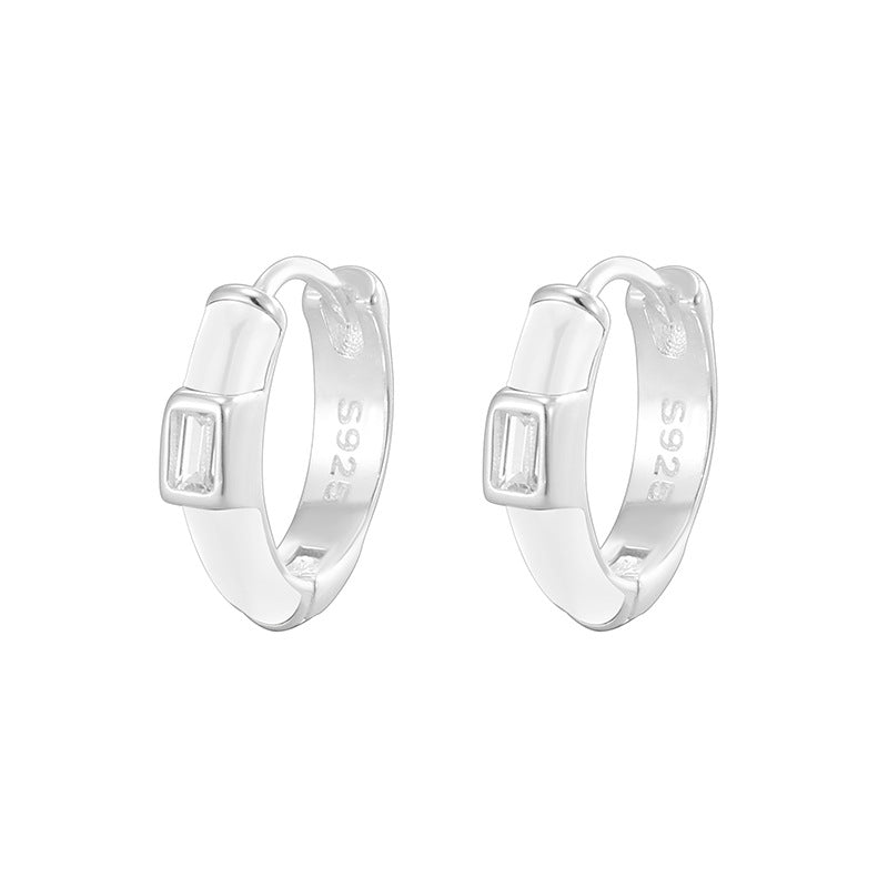 Geometric Design Black and White Epoxy 925 Sterling Silver Minimalist Hoop Earrings