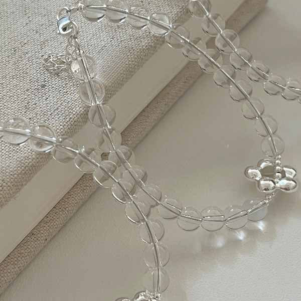 Elegant Natural Transparent White Crystal Flower 925 Sterling Silver Bracelet