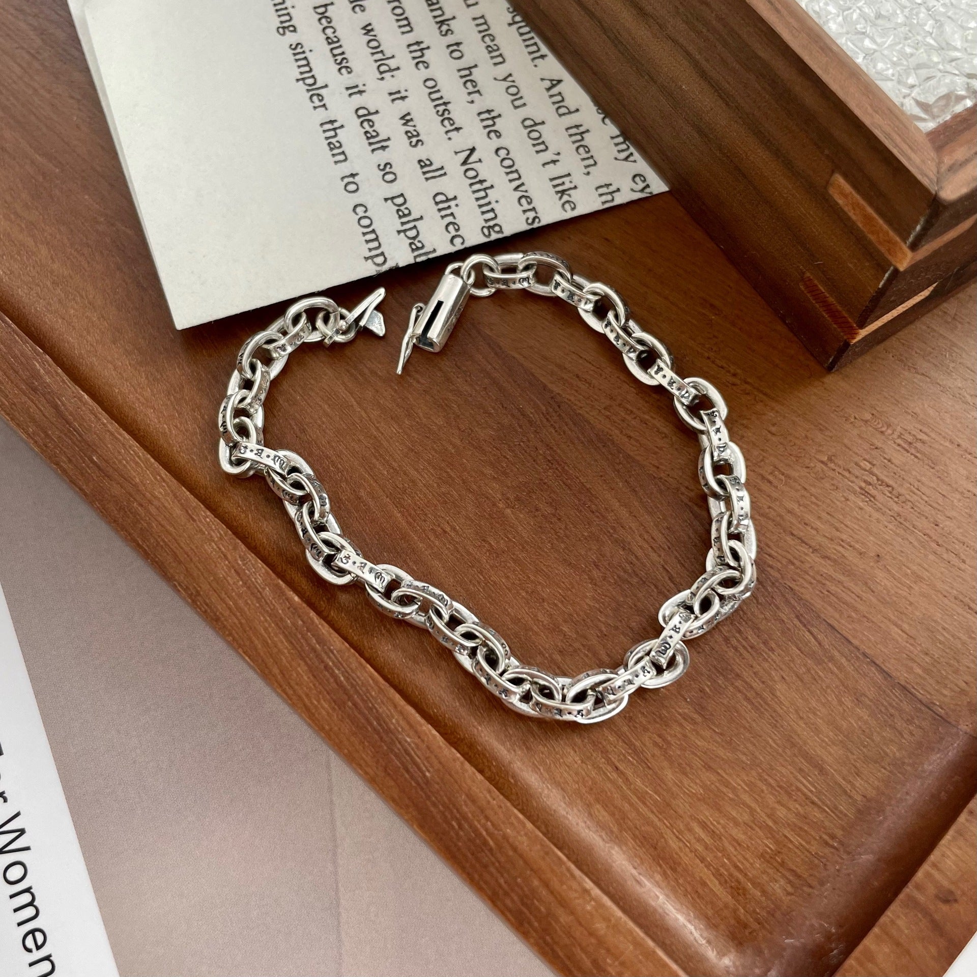 Retro Tibetan Style Engraved Geometric Link 925 Sterling Silver Fashionable Street Style Bracelet