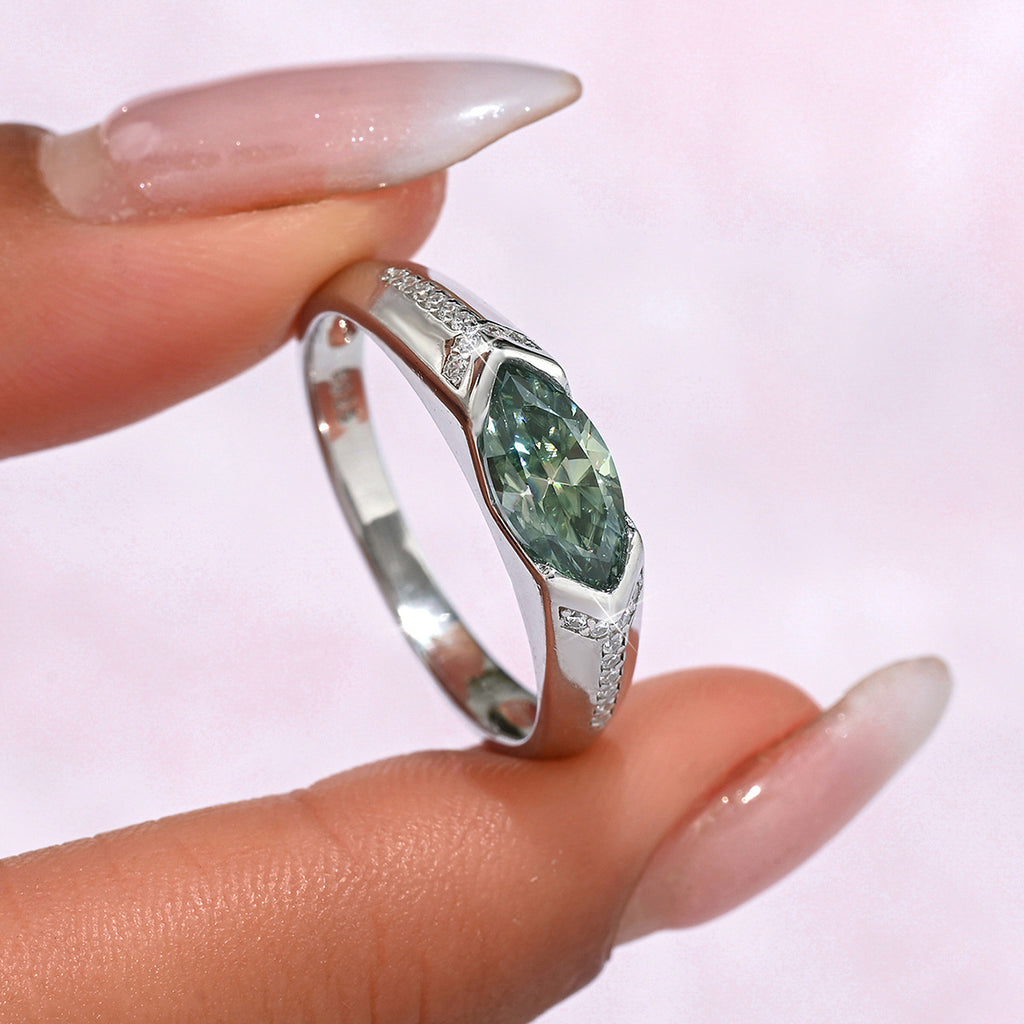 Green Marquise Cut Moissanite Geometric Oval Shaped 925 Sterling Silver Ring