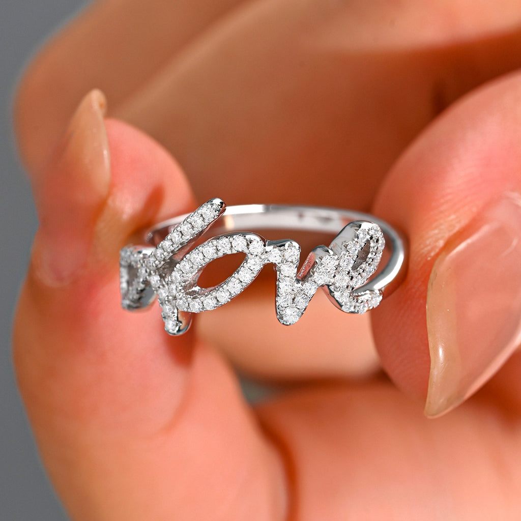 White Moissanite LOVE Letter Script Ring 925 Sterling Silver  Ring