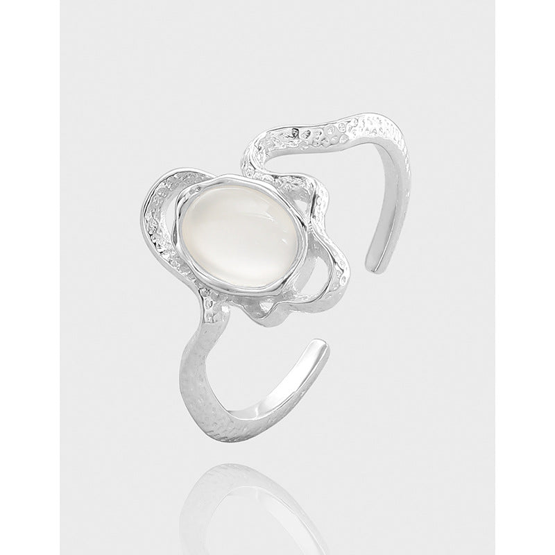 Geometric Design White Agate Stone S925 Sterling Silver Open Adjustable Ring