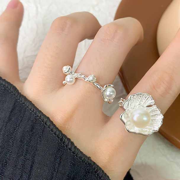 Women Beautiful Shell Pearl Flowers 925 Sterling Silver Adjustable Ring
