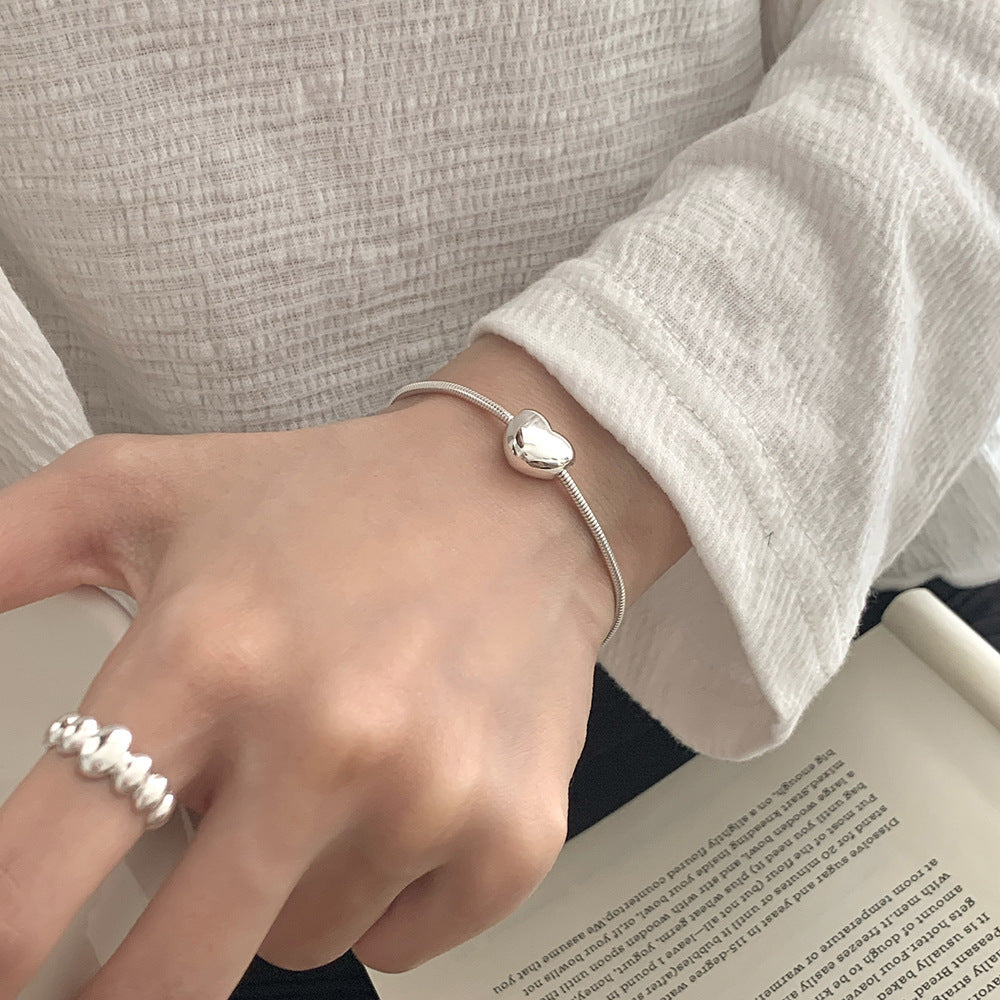 Silver S925 Sterling Silver Minimalist Heart Letter Love Bead Snake Chain Bracelet